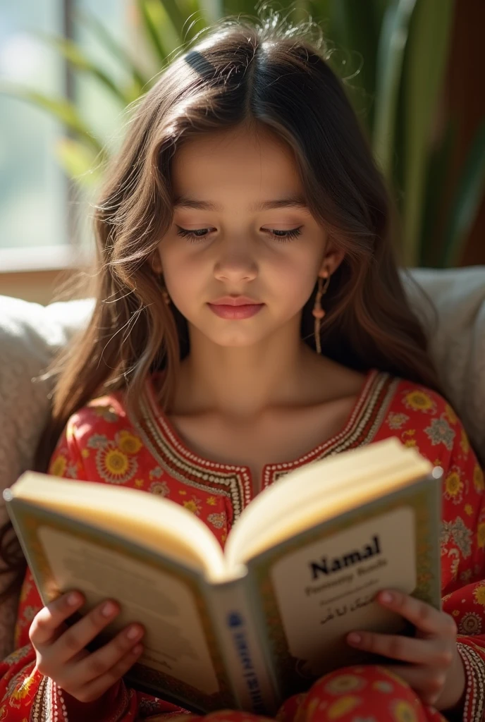 New Jersey, 1997. A little ((((10-year-old)) Prachi Gupta)), sitting cross-legged, reading a book, ((((clothings from the 1990s)))), ((hairstyle of the 1990s)), colorful