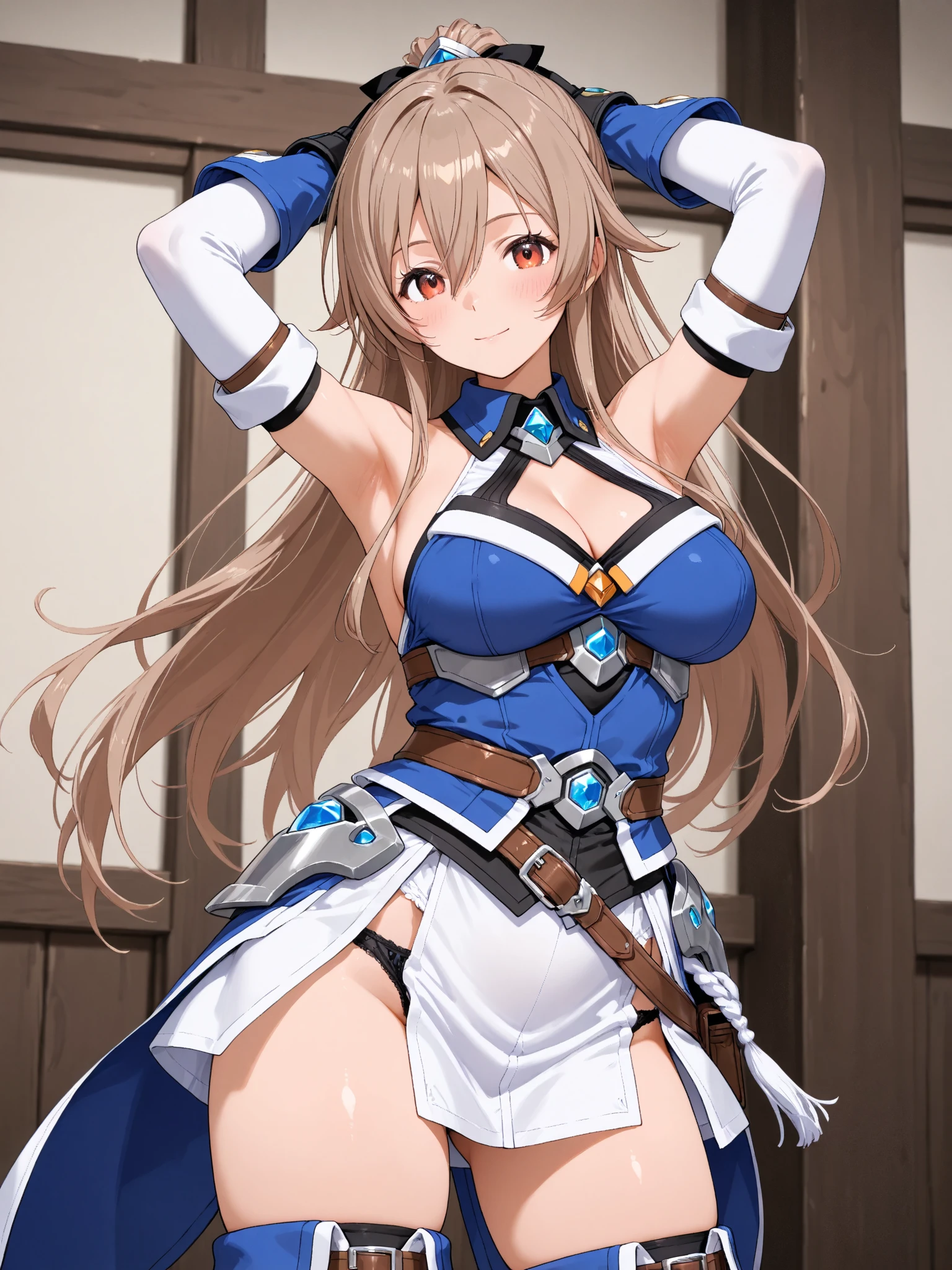 slender, mature female, breasts, rating:safe, 1girl, long_hair, jewelry, navel, earrings, bare_shoulders, cleavage, solo, looking_at_viewer, brown_hair, elbow_gloves, stomach, hair_ribbon, bangs, pelvic_curtain, gloves, thighs, blue_ribbon, ribbon, brown_eyes, large_breasts, blush, collarbone, eyebrows_visible_through_hair, smile, parted_bangs,  halterneck, parted_lips, very_long_hair, detached_sleeves, standing, medium_breasts, floating_hair, midriff, choker, center_opening, cowboy_shot, v-shaped_eyebrows, thighhighs, open_mouth, hair_ornament, bridal_gauntlets, gem, groin, armor, two_side_up, dress, sidelocks, shiny, revealing_clothes, sapphire_(gemstone), highleg