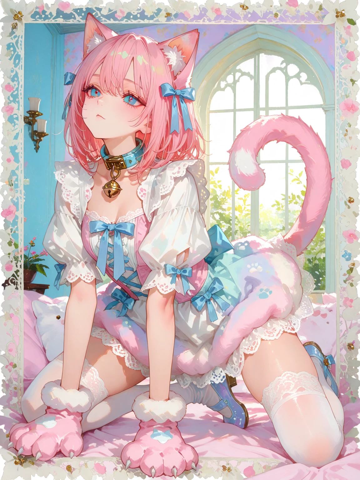 Anime-style image of a girl in a pink dress and cat ears, Very Beautiful Anime Cat Girl, Anime Barbie in White Stockings, Anime cat girl in maid clothes, Very beautiful cute cat girl, Pink pigtails and cyan eyes, Beautiful anime cat girl, , white and pink cloth, Anime girl crouching