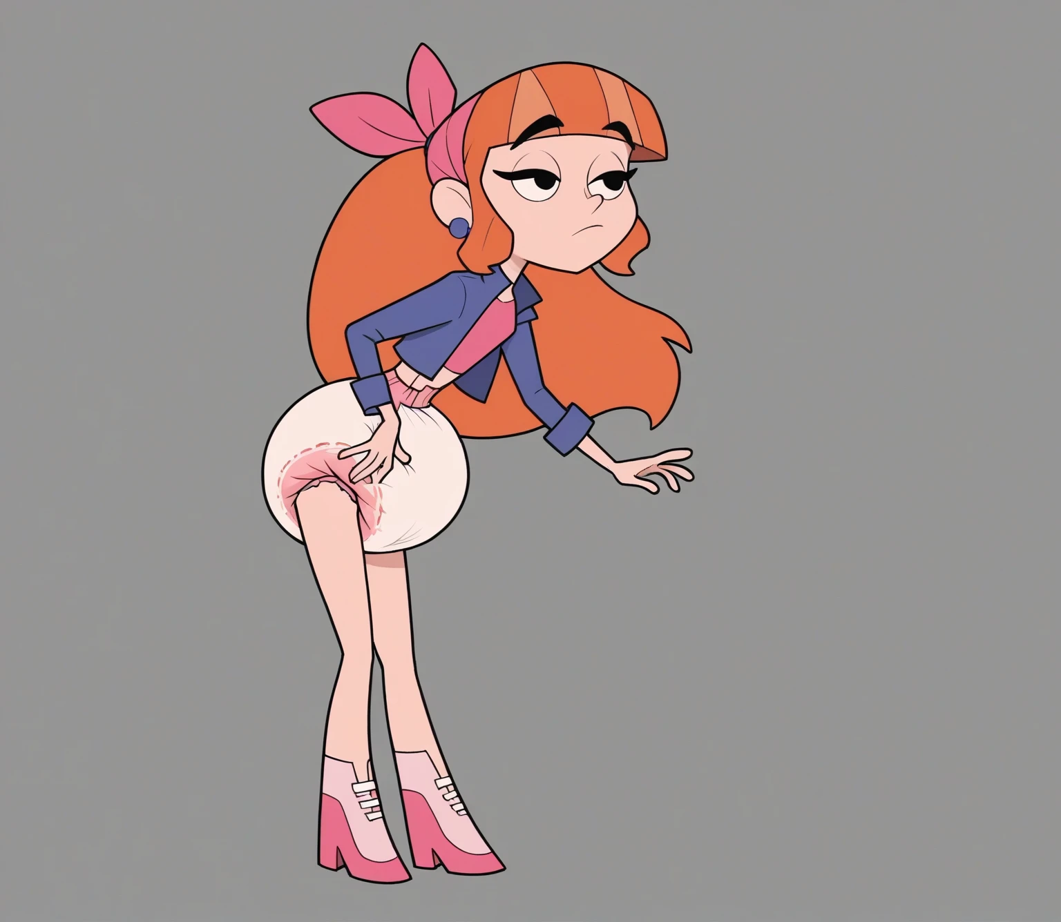 Candace, red sleeveless shirt, standing, heart, legs, white shoes, red socks, sunglasses raised, front view, big butt, eyes half closed, looking down, 2D cartoon, heart print panties , putting skirt back on,