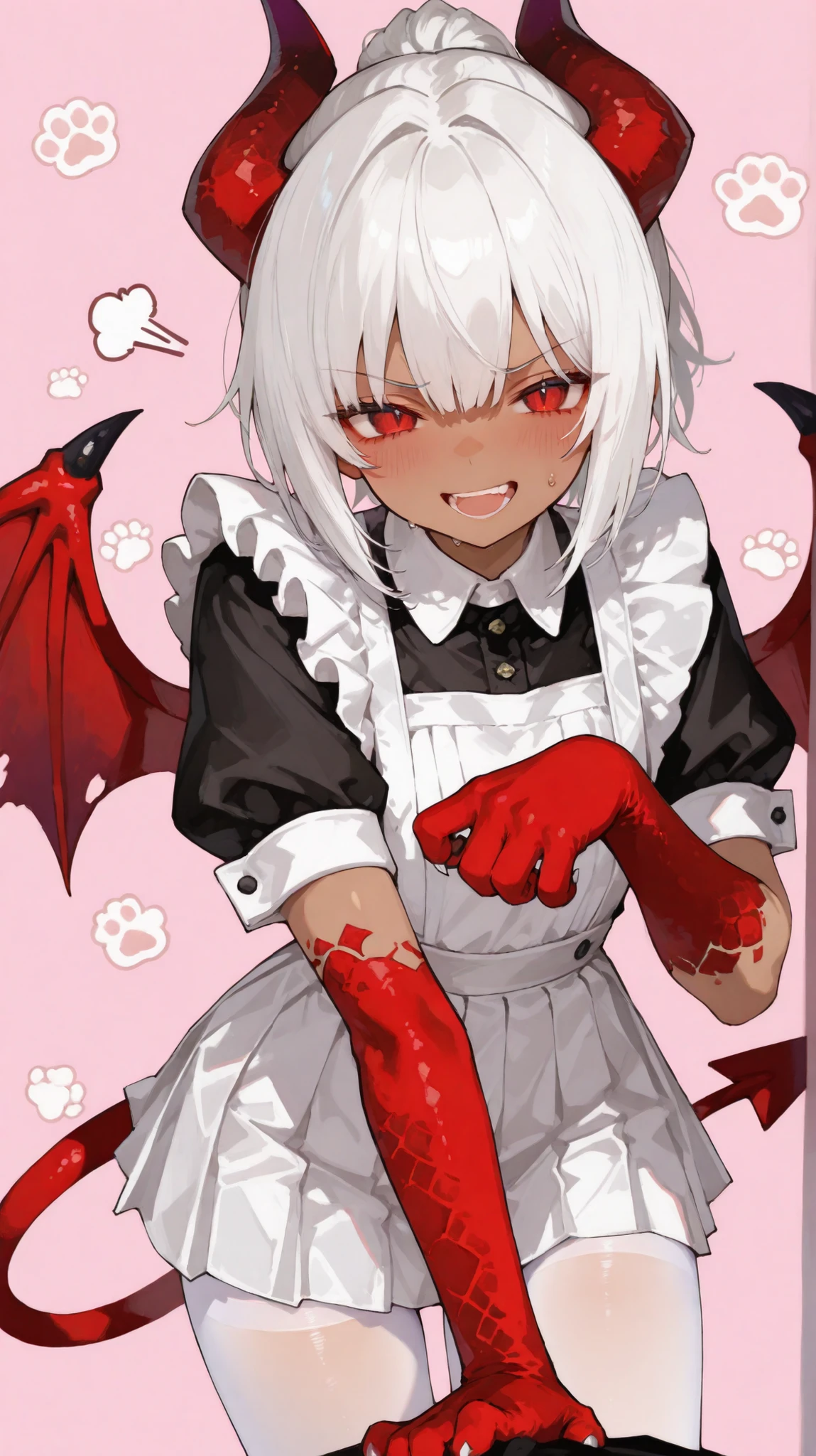 Dragon Girl,with red wings alternating black,Wings missing with holes,ขี้ shy,เขิน shy,Angry,sundeer-khin, shy,sweats,dark skin,in red eyes,Short hair,ponytail, busy ,With a devil's tail ,Maid outfit,cat hand gloves,With a red tail,cute, smiling with open mouth,pov ,There is chewing,Grit your teeth,miniskirt,white pleated skirt,White Tights Laid Out,standing,white hair,upper body shape, busy เหยิง,Scaled Arm,cat hand background,pink background,Dragon arm