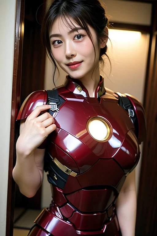 nsfw,（ultra best quality、in 8K、masuter piece、delicate illustration、full body Esbian）,(He wears a red and silver damaged Iron Man suit.)、A beautiful and bewitching Japanese 25-year-old woman、Plump body、Curly black hair、A slight smil、Izakaya、Exposing the chest、Showing off breasts