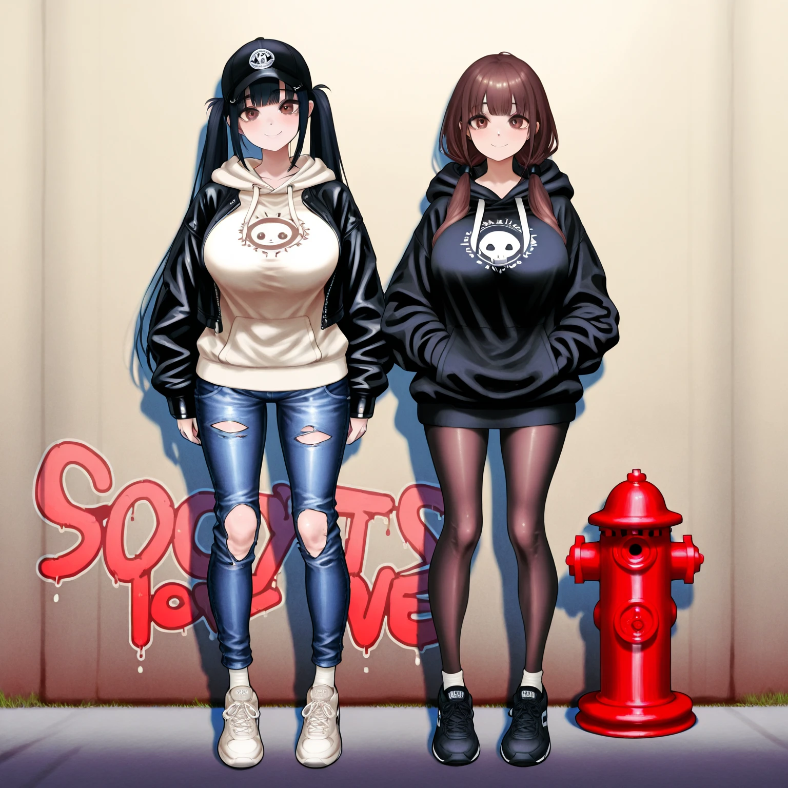 (masterpiece, best quality), best resolution, (two heads:1.5), anime girl with two heads, (conjoined_dicephalus:1.3), brown and black hair, short hair, multicolored eyes, stern, braids, (diaper:1.2), hoodie, dyed hair, facing viewer, smile, knee brace
