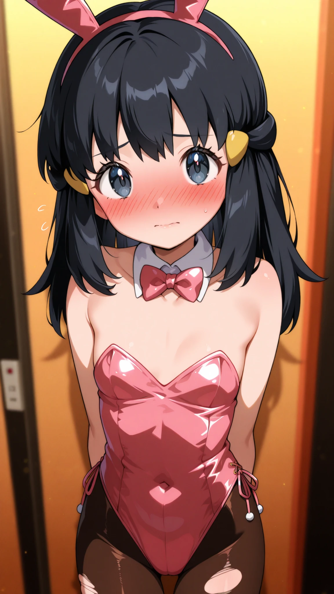 shinkai makoto, kimi no na wa., 1girl, bangs, black hair, blush, brown eyes, shinny skin, red headband, red ribbon, red bow, bare shoulders, black thighhighs, short hair, smile, open mouth, cute, solo, happy, hair ornament, rabbit ears, playboy bunny, pink leotard, detached collar, looking at the viewer, pink background, simple background, upper body