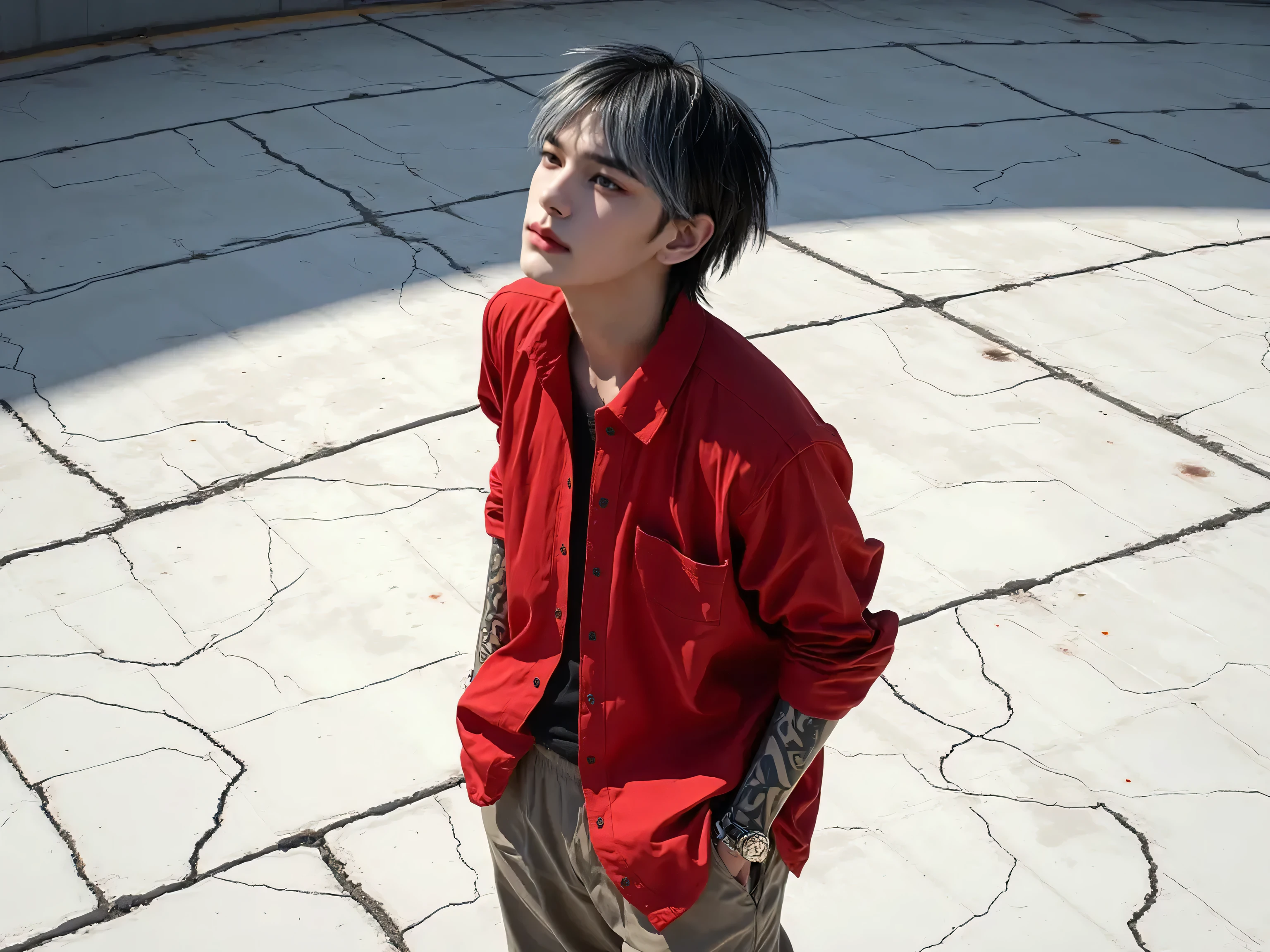 Young boy with handsome face, short red hair, Japanese haircut, gray eyes, long eyelashes, black collar, Japanese schoolboy outfit, behind broken glass, red liquid, sad expression, ultra-detailed, in shadow, scar, alone, demon shadow looming on wall.