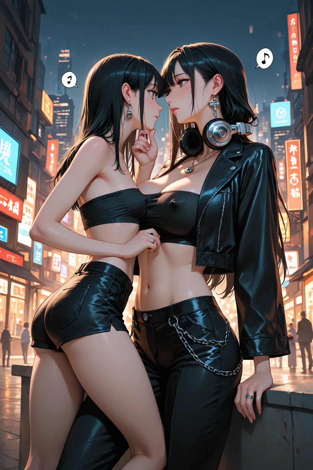girl spacepunk,(((1girl))),((anime girl with extremely cute and beautiful black hair, walking seductively down the street)),

(large breasts:1.4),saggy breasts,((((black hair,messy hair,colored inner hair,large hair,absurdly long unkempt hair:1.35,long hair,ear breathing)))), ((blue eyes:1.3,upturned eyes:1.3,perfect eyes,beautiful detailed eyes,rainbow glows ultra-detailed deep blue  eyes:1.1,gradient eyes:1,finely detailed beautiful eyes:1,symmetrical eyes:1,big highlight on eyes:1.2)),((fat)),(((lustrous skin:1.5,bright skin: 1.5,skin tanned,shiny skin,very shiny skin,shiny body,plastic glitter skin,exaggerated shiny skin))),(spider lower abdomen,narrow waist,wide hip,athletic body,inflated legs,delicate detailed fingers,detailed body,detailed arms,human hands,(detailed face)),

cute,slutty,seductive,erotic,(((nsfw))),

zettai ryouiki,revealing clothing,show skin,((((underboob)))),(cleavage),(semi-naked,with little clothing,((tiny thong)),bare legs,visible thong straps),((((crop top hoodie,cropped hoodie,hoodie,hoodie intricate)))),((detailed outfit,detailed clothes)),

(dynamic pose:1.0),solo focus,embarrassed,centered,scale to fit dimensions,Rule of thirds,

(best quality,high resolution,sharp focus,ultra detailed,extremely detailed,extremely high quality artwork,(realistic,photorealistic:1.37),8k_wallpaper,(extremely detailed CG 8k),(very fine 8K CG),((hyper super ultra detailed perfect piece)),flawless,(((masterpiece))),illustration,vibrant colors,(intricate),High contrast,Selective lighting,Double exposure,HDR (High Dynamic Range),Post-processing,Background blur,