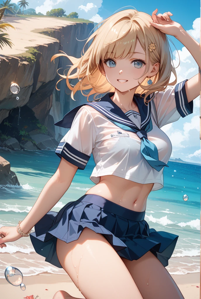 Highest quality,8k,High definition,,smile,Sailor suit,navel,See-through bra