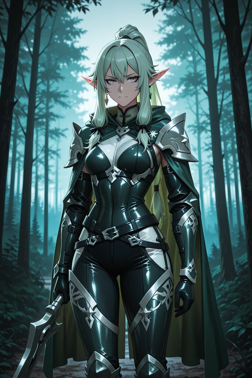 high quality, whole body, anime, Elven Arctic War Priest Lord , Sexy Armor, Wearing a black high-leg leotard、Wear black knee-high socks、Blonde Hair, High Ponytail, Crucifixion, Simple Background, in a swamp, enchanting hair, Sea green hair, Hair above one eye, Zombie Pose、Cowboy Shot