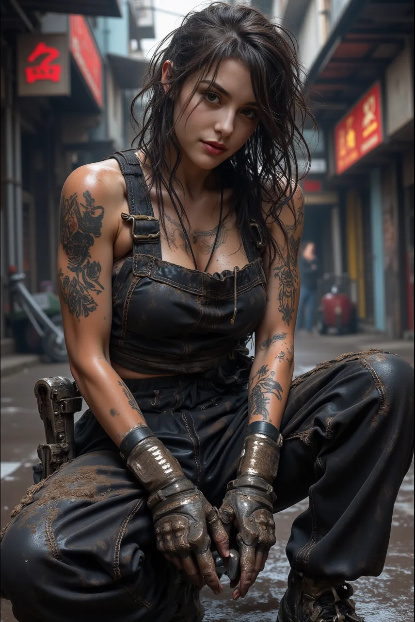 ((best quality)), ((masterpiece)), (detailed), Extremely beautiful Chinese girl, mesmerizing and alluring female mechanic covered in grease, (Dirty and rugged charm:1.2), (tough and confident demeanor:1.1), (mechanical expertise:1.3), disheveled hair, smudged face with a playful smirk, stained overalls clinging to her curves, (gritty tools of the trade:1.2), cluttered repair shop, scattered car parts, (authentic automotive ambiance:1.2), (intense gaze:1.1), gripping a wrench in her dirty hands, 8k resolution,looking at another, looking away,( tattoo:1.2), masterpiece, best quality,