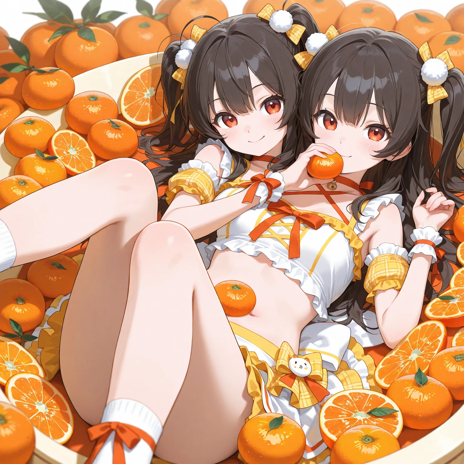 masterpiece、top-quality、realisitic、Photorealsitic、Orange-themed paradise、Teenage Japan woman in cute costume with orange motif、Orange Accessories、Eating oranges、Surrounded by lots of orange slices、Orange plantation、Bright décor、A smile、Joy、dynamic ungle、动态照明