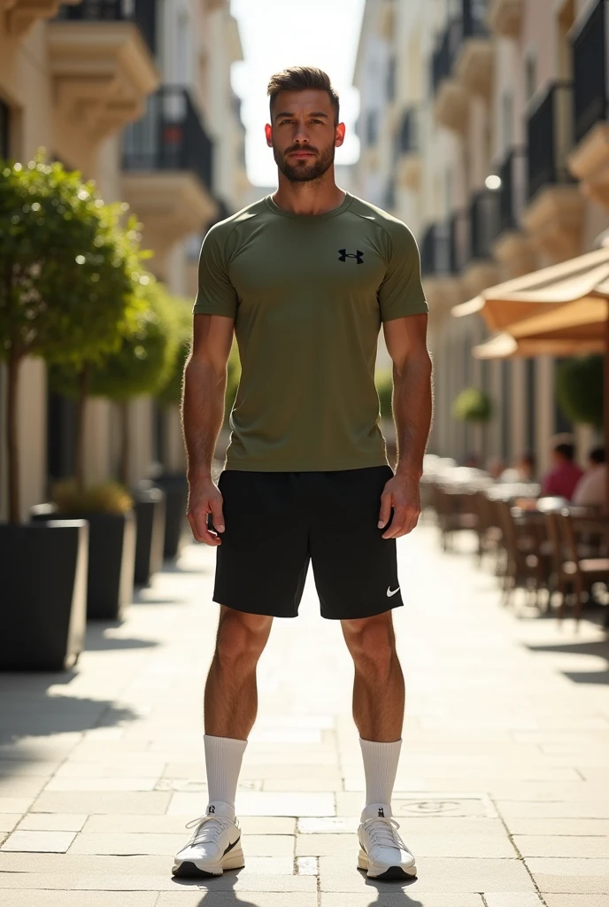 ((Handsome 35 year old caucasian male with desireable features walking on Rodeo Drive)), BREAK, (medium length light brown hair, cropped sides, clean shaven face, no  hair, intriguing green eyes), BREAK, navy tee shirt, BREAK, stylish floral shorts, athletic physique, bright outdoor lighting highlights his excellent features