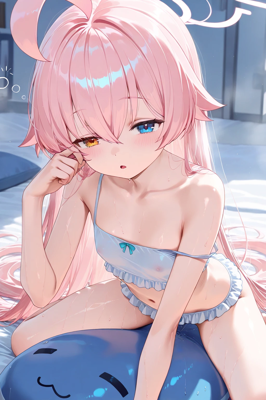((8k, Highest quality, masterpiece: 1.3)),Ultra-high resolution,(1 girl, alone), (Color changing eyes, Ultra-detailed, Expressive brilliance, Glitter, Glowing Eyes), Highly detailed eyes, Highly detailed face, Random Hair, ((pastel colour)),A shy young woman with pastel pink hair styled into loose waves, standing by the window in her softly lit bedroom during the early morning hours. She is wearing a light purple bikini and has a flustered expression on her face as she adjusts her pose. Her legs are slightly open, enhancing her delicate and inviting posture. The camera captures her from a low angle, focusing on her gentle blush and the soft morning light that fills the room. (open legs:1.5)(Put your hand in your bikini and touch your pussy:1.3)