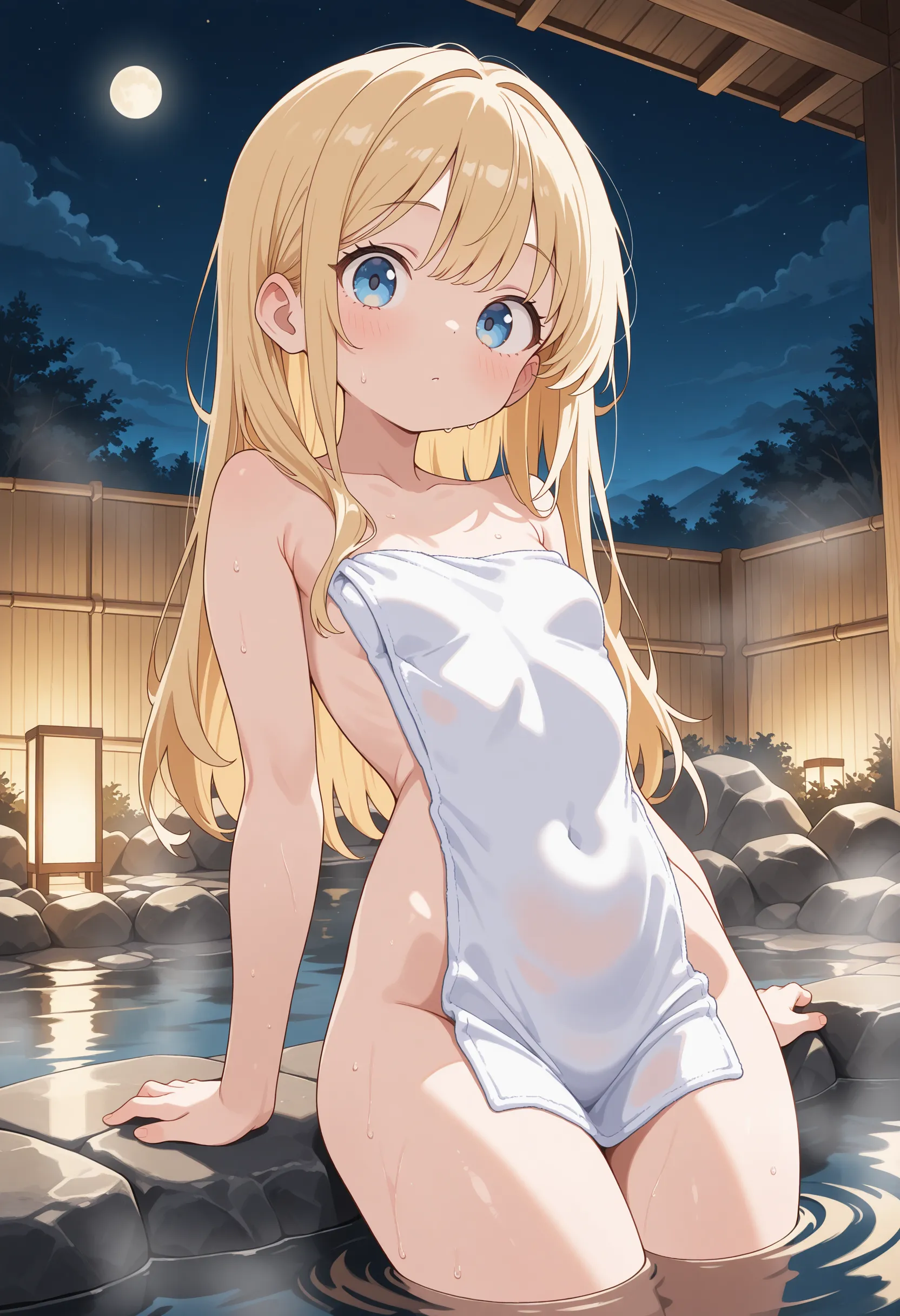 One person!!、Baby Face、、smile、human、6 year old girl、Long Hair、Blonde!、With bangs、small、1st grade elementary school students、Big eyes、barefoot、black eye、cute、Are thin、凄くsmall胸、身長のsmall、体のsmall、Short legs、Bikini、Night view、Pool、Bare Skin、Show the whole body、Poolに入る