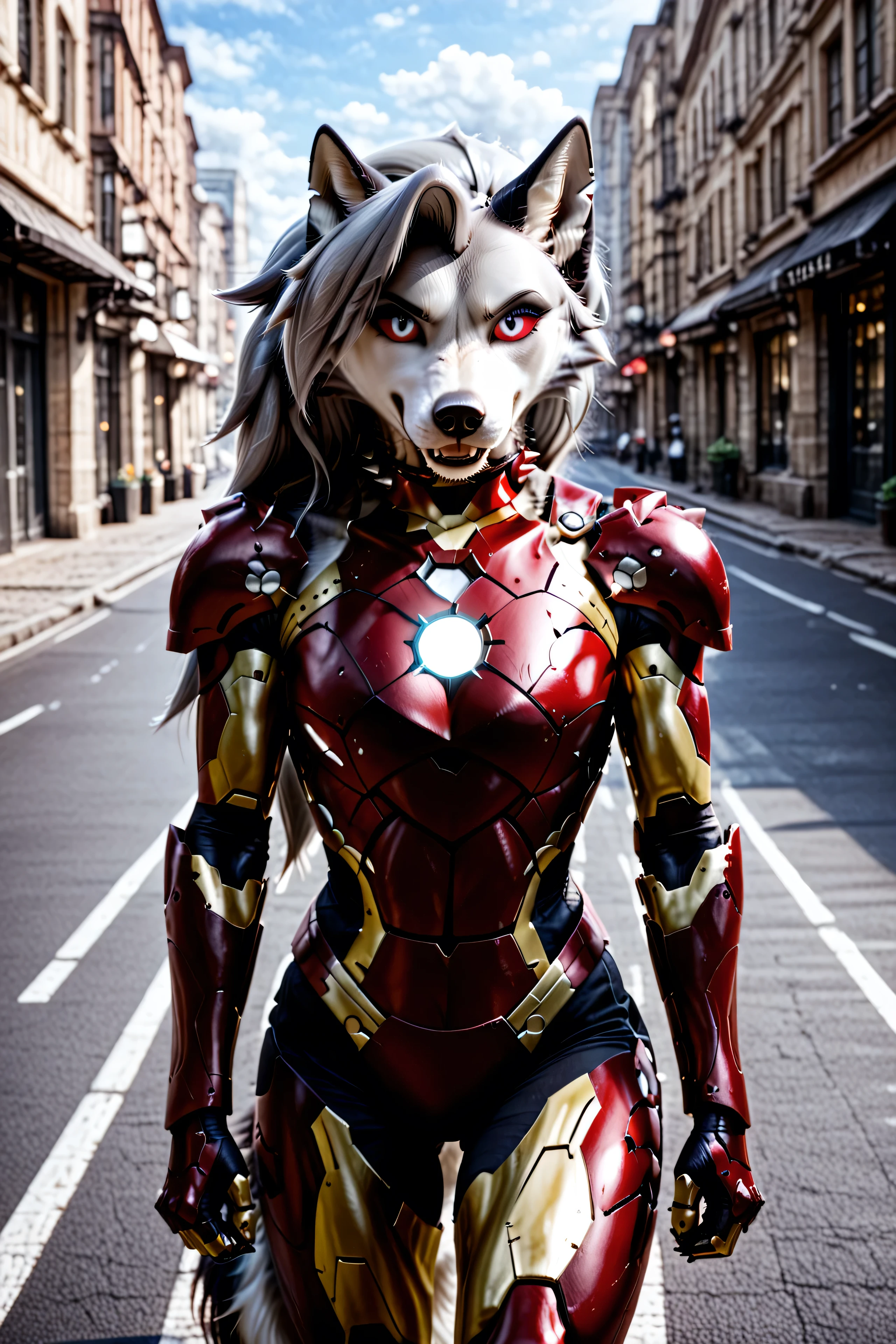 Loona, furry, realistic, fluffy tail, ((Loona in Iron Man Armor)), without helmet, street, day, front view, high-range shot, ultrahigh details, ultra-realistic photo, two-tone fur, gray fur, anthro, wolf girl, animal nose, wolf tail, red sclera, white iris, canine teeth, bangs, absurd res, detailed skin, detailed hair, extremely detailed, sharp focus, sharp details, 8k, Ultra-HD-details, (1r0nm3n),