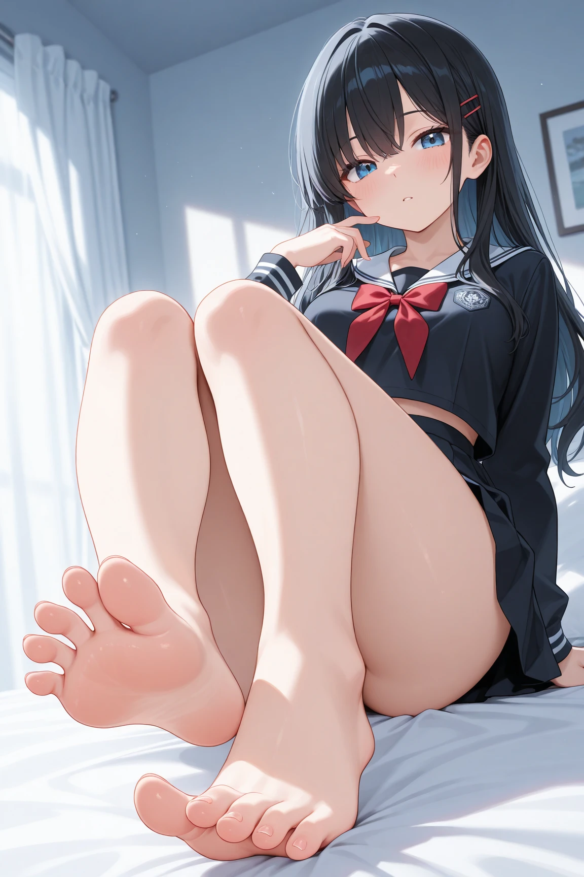 sitting on a bed, (thick legs:1.4), skin dentation high socks, Open legs, From below,