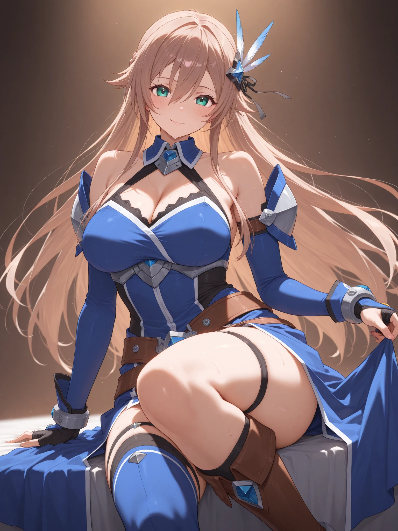 Movie Scenes, Fantasy art, Best image quality, Surreal Portraits,(8k),Ultra-realistic,最high quality ,high quality, High resolution, high qualityの質感,Attention to detail, beautiful, detailed, Extremely detailed CG,detailedなテクスチャ,Realistic facial expressions, masterpiece, in front,dynamic,bold,1 girl, One woman, Age 25, Light brown hair, Long Hair, Up Bang Hair, Floating Hair, Highly detailed skin,curve,,beautiful胸,Mid-chest),{最high quality}, {とてもbeautiful}, {Super detailed}, {最高のAn illustration}, masterpiece,{{{{{Skirt Lift:1.5}}}}},{{{{{Showing off her blue panties:1.9}}}}},garter belt:1.2,((Holy Knight)), Smooth breastplate, ((Platinum Armor))、((((Extremely detailed and intricately decorated armor:1.1)))),Red Cowboy Shot,smooth udder、big 、(Golden Ratio,Tabletop, 最high quality, 最high quality, Official Art, beautifully、beautiful:1.2), Very detailed, colorful,最高のdetailed,An illustration, Great scene, Asheria Costume:1.5, Asheria Costume:1.5, mini skirt,Knee socks, Thighs, gem, Blue Belt,Belt number 1),Course of action, A look of contempt ,From below,Sitting:1.9,Spread your legs:1.9, Lift your legs:1.8,