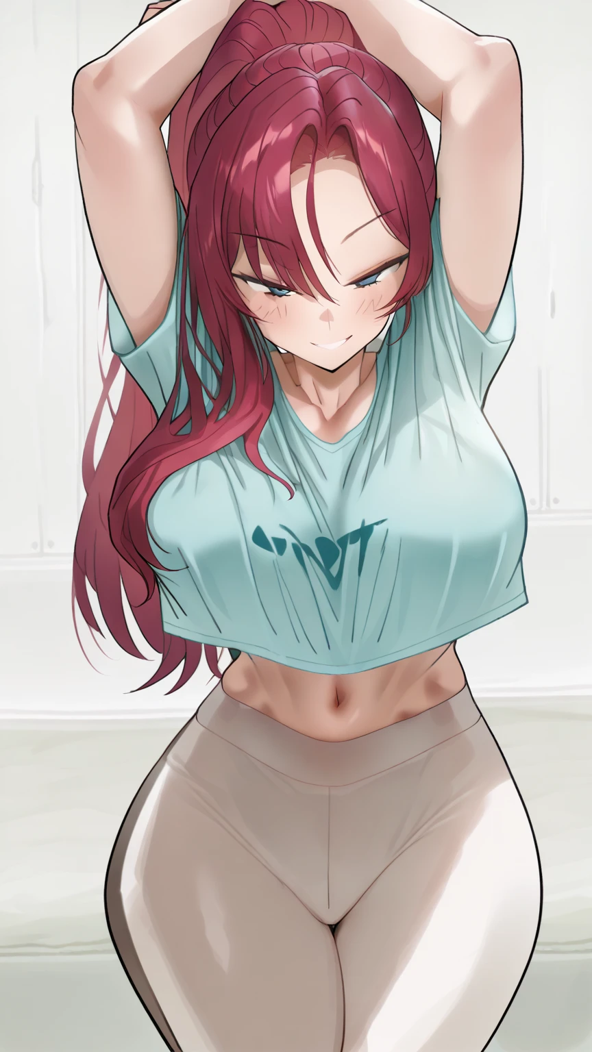 2D, muste piece, highest quality, anime, high details, 1girl in, solo, cowboy shot, Itsuki Nakano, Red hair, long hair, star hair ornament, Ahoge, crop top, middle breast, Medium chest、全naked、naked、tits、nipple、pubic hair, clavicle、medium breasts、smile、Bedroom、sit、peace sign、blush
