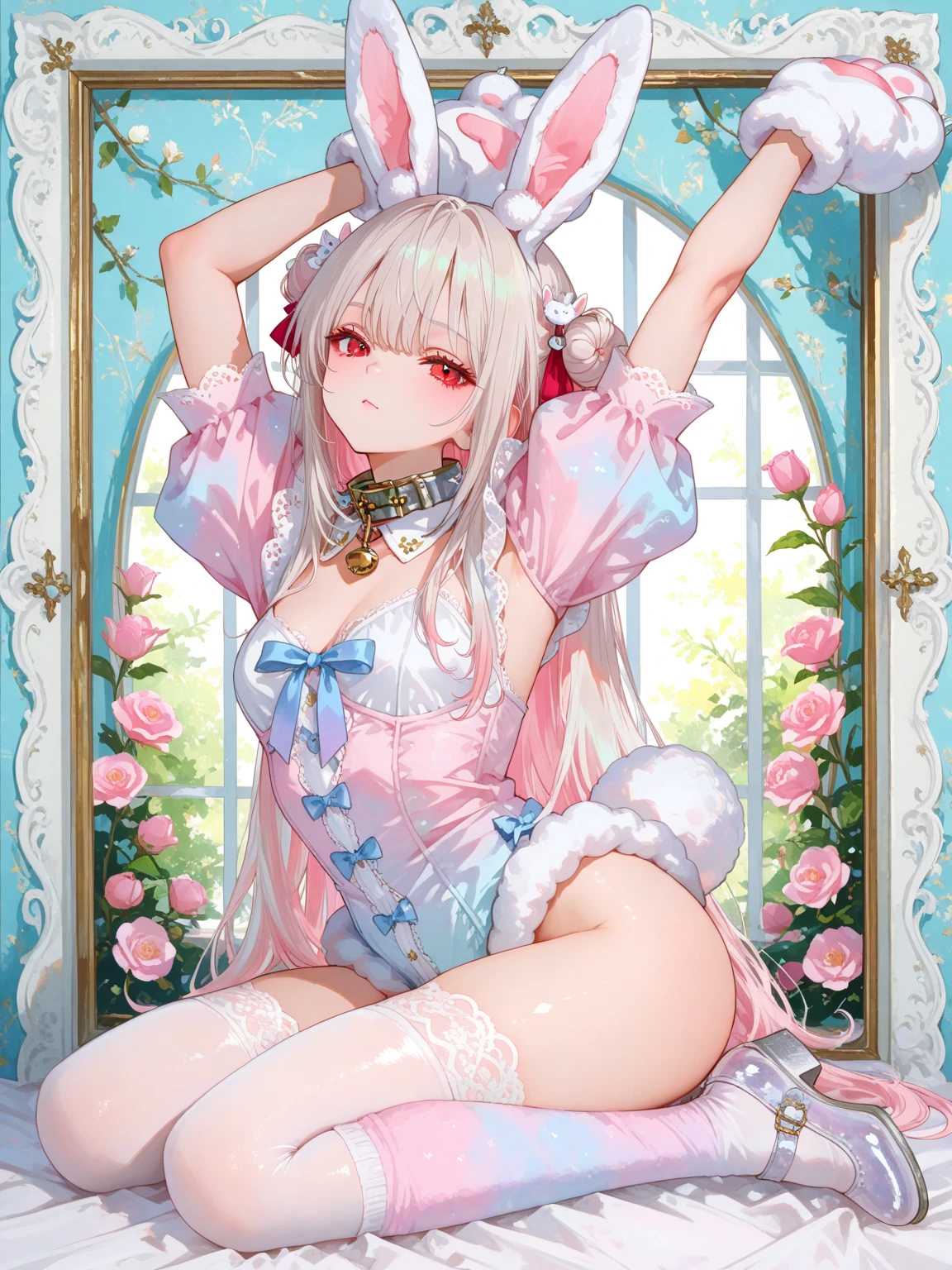 (High resolution), (32K), (very very highly detailed), (Best illustration), (beautiful and delicate eyes), (best quality), (super detailed), (master piece), (Detailed and delicate face), solo,Highly detailed face and skin texture,fine eyes,spread your legs、very shy、blush、spread legs,high details,(dynamic pose),1 female, long hair , long legs、open crotch、 (camel toe),(((big )))、Exposing genitals without wearing pants,The protruding PUssy ,cocked ass,I grew up sexy、(((Sheer Bunny Girl)))、best style、pink nipples、Transparent pink nipples、(Floral ornament on the head)、Beautiful woman、pink sky、pink clouds、pink flowers、 pink hot spring、pink water all over、pink light、pink sky間