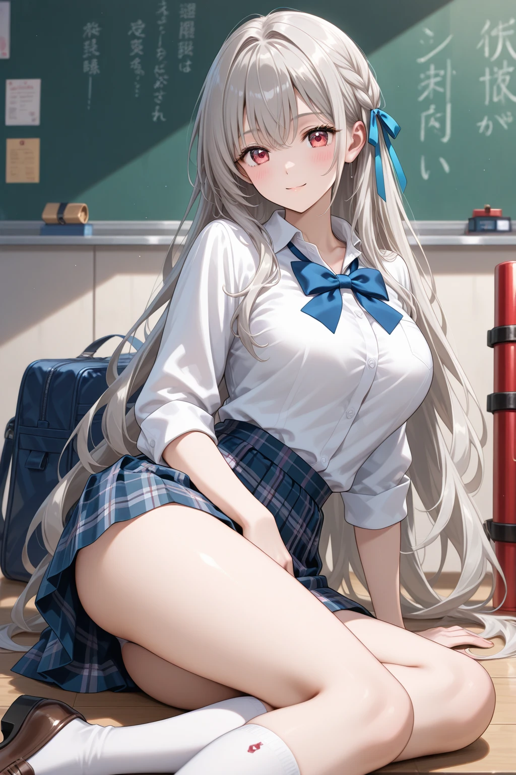 ((1 girl:1.5))、(smile:1.5)、、(cowboy shot)、(fun!!)、(white cardigan:1.5)、(dog ears)、(silver hair)、(blush:1.5)、(long hair)、(eye highlights:1.3)、blake black shoes,(黒いskirt:1.5)、bow, button, shirt with collar, long sleeve, ((red bow tie, ,, white shirt, チェック柄のskirt:1.5、white socks)),, shirt,, skirt, socks, thighs, white shirt, Rest indoors, ((classroom:1.5))、 BREAK while watching the audience、 (perfect hands, perfect anatomy),cowboy shot、(skirtlift:1.3),(highly detailed white panties:1.3)、(highly detailed panties:1.3)、、(skirt that rolls up:1.3)、(fully exposed panties:1.5)、light blue eyes
