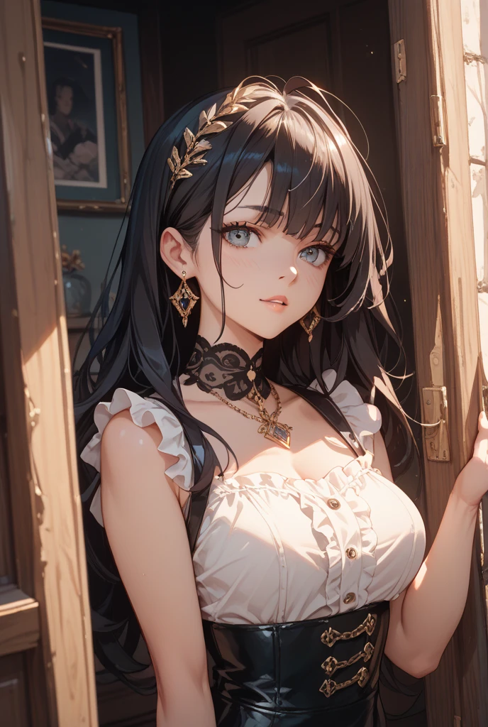 a beautiful detailed portrait of a girl with big eyes, full lips, smiling kindly, long eyelashes, wearing a frilly maid outfit of random colors, thin fabric clothing, in sensual poses, (best quality,4k,8k,highres,masterpiece:1.2),ultra-detailed,(realistic,photorealistic,photo-realistic:1.37),highly detailed face,maid clothes,intricate details,vibrant colors,dramatic lighting,structure of the film,anime-inspired art style,many moles on chest