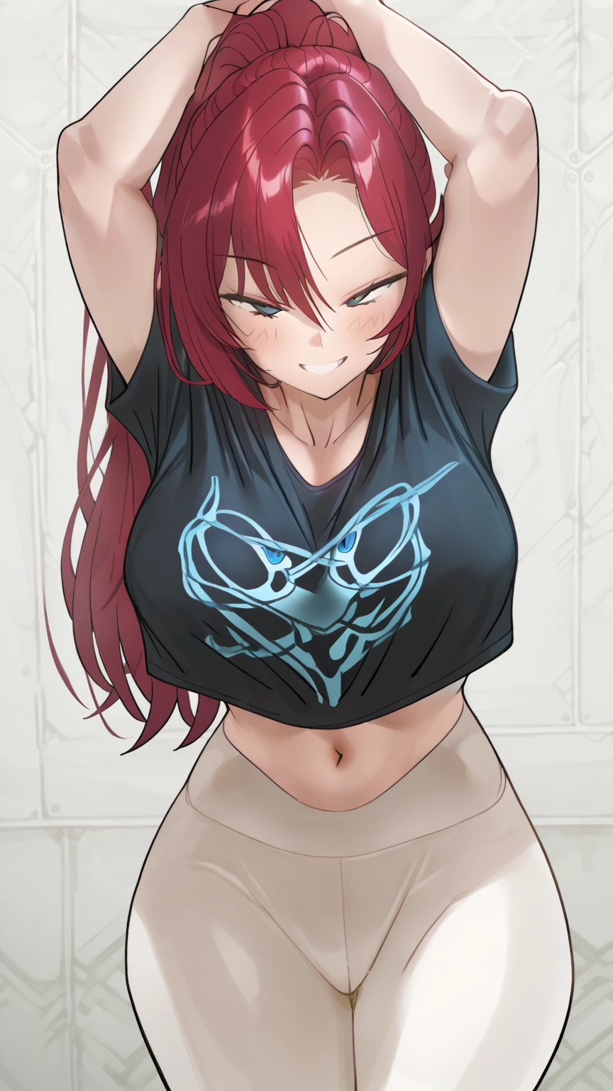 A portrait of a teasing teenager, standing, see through shirt lift, crop top peering nipples, semi-torn stimulating waistline unbuttoned booty Jean shorts, shiny skin, best shadow, (4k ultra HD), open navel, detailed midriff, overlapping thighs with fishnets, alluring beautiful face with garnet red eyes, tying hair, waist leaning to a side, juicy gluteus Maximus