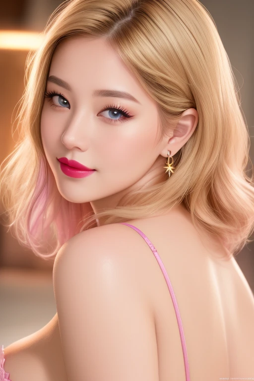 (RAW photo, best quality), (realistic, photo-realistic:1.3), best quality ,masterpiece, (cherrynobodysd15), ((big ass, large breasts)), (beautiful girl), pink lipstick, colorful makeup, long eyelashes, earrings, wearing eyeliner, fair skin, blonde hair,(cute), (detailed face), detailed eyes, detailed iris, 8k uhd, dslr, soft lighting, high quality, film grain, beautiful detailed eyes, beautiful detailed nose, vaginal detailed, realistic face, pink pussy, light smile, (highly detail face: 1.5), Fujifilm XT3, best quality, ultra-detailed, masterpiece, finely detail, highers, 8k wallpaper, pixie cut