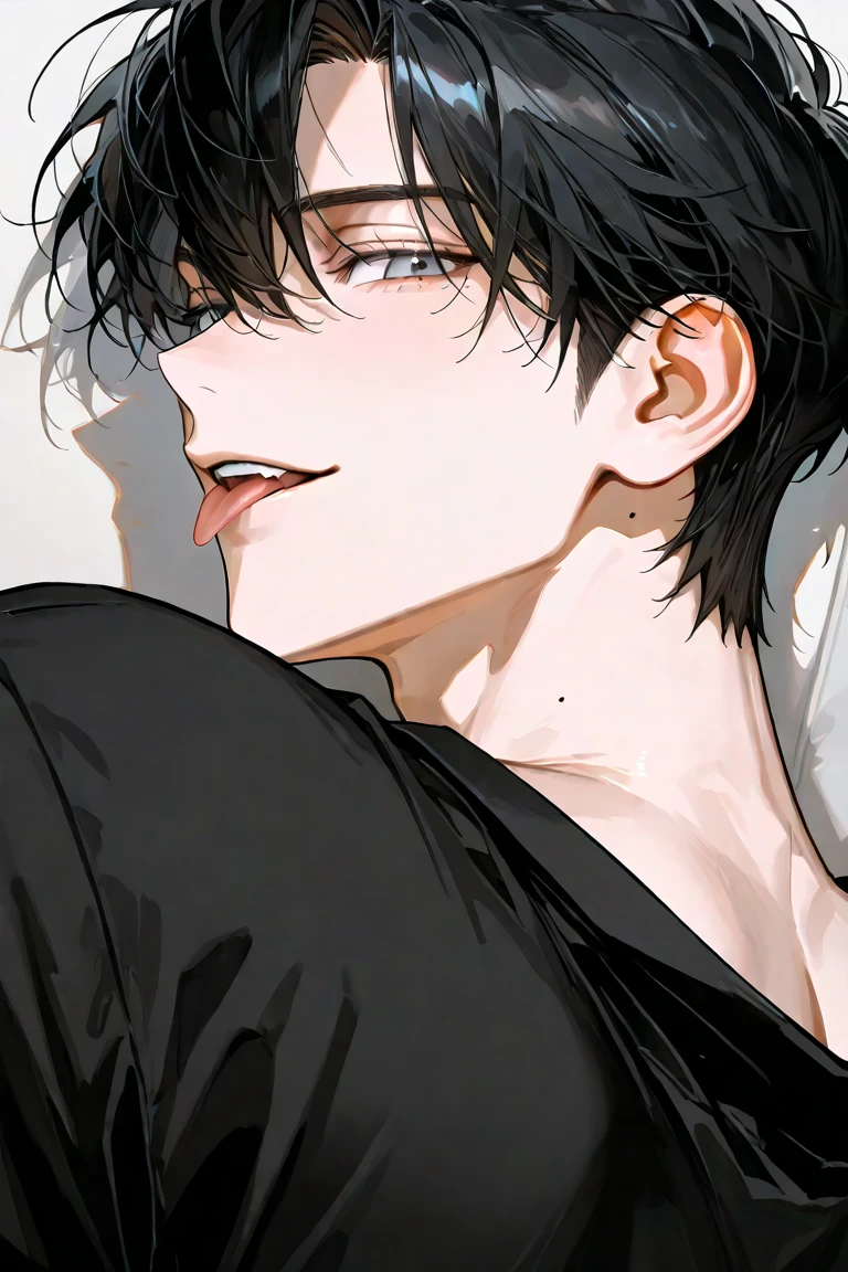 1 male,BLACK HAIR, short hair, messy hair, curly hair, black eyes, eyes on the back,I'm going to put my body on the couch,handsome,and my mouth is slightly open,One Man,Adult Male, Black business shirt,pretty face,Viewer,close-up,sexy expression,Your tongue is sticking out a little,mole on neck ,