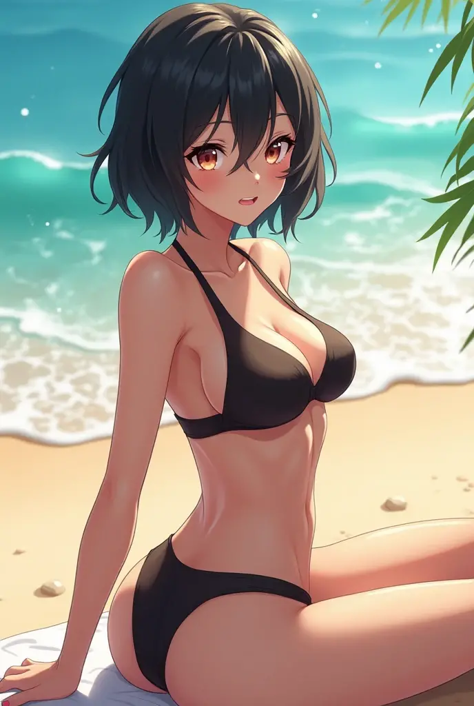 ((((masterpiece, best quality, high resolution)))), (1girl:1.5), ((short hair, black hair, yellow eyes, horns, earrings, choker)), (medium breasts:1.2), blush, (light smile, parted lips), glow, thighs, bare shoulders, collarbone, narrow waist, (slender body figure), cleavage, (beautiful detailed face, beautiful detailed eyes), ((side-tie bikini)), (standing up), looking at viewer, nighttime, beach, ulrich_von_hutten_\(azur_lane\)