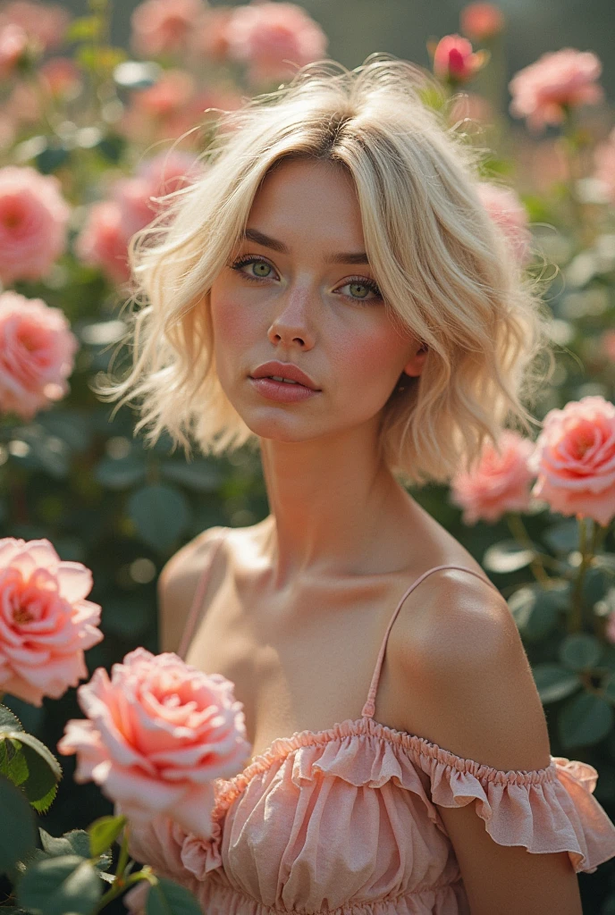 8k, RAW photo, Fujifilm, style photo of a beautiful young woman as avril in a garden of light pink roses (highly detailed skin: 1.2) Style-Petal BREAK short hair, blonde hair with colored locks, wearing a dress, film granulation, 35mm, cute style
