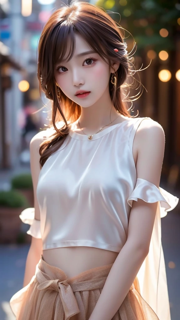 ((cowboy shot), Shot from a random perspective, ancient chinese beauti, In the bar, Sit Pose, Leaning against the bar, posed for photo, ellegance, dignified, slim, Slimming the waist, curlies, period costume, Hanfu, Tang suit, ((white skirt, Floral)), cropped shoulders, China-style, Floral, Pattern, Long brownish-yellow hair, Beautiful hairpins, slender leg, pretty legs, Cross ed leg, warm lights, Warm tones for the night, rays of moonlight, tmasterpiece, best qualtiy, offcial art, rich details, Clear face, Professional lighting, フォトンマッピング, ラジオシティ, Physically-based rendering, 耳Nipple Ring, choker necklace, Hairpins, Heavy makeup, Gorgeous makeup