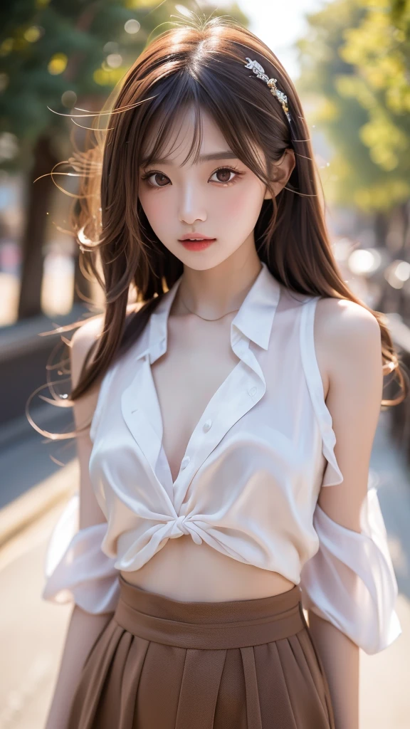 best quality, ultra hi res, photoreaslistic, a photography of a beautiful girl,  detailed face, undressing, (detailed Cropped lace blazer with a lot of frills and ribbons), Mountain, (face close up), seductive look, looking at another, random background, Sofia, 
Pure_Innocent_girl, pureerosface_v1, (upper body),  pov, (((depth of field))), pale and lustrous skin, (small breasts), neon glow, random background,  vivid,detailed, realistic, beautiful, stunning lighting, stunning reflections, sun rise, bokeh mood,  very long hair,,