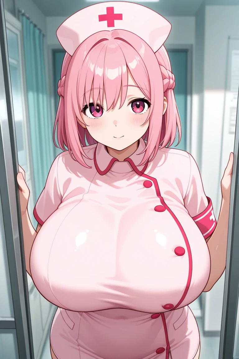 Highest quality、One woman、Bobcut、Bob Hair、side braid、Female, 34 years old、Married Woman、milf、Huge breasts:1.3、sagging breast:1.3、nurse、nurse、白色のnurse服、hospital、Hospital room、Late Night、The room is divided by curtainilking、Pink Hair、Active