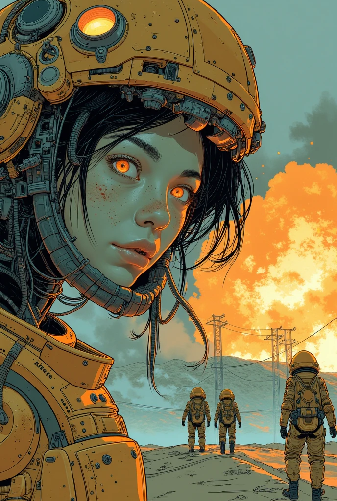 high resolution, masterpiece, highest quality, ultra detailed, (detailed eyes), (detailed face), sci-fi world in the style of the movie Starship Troopers, scene of the fight between space marines and gigantic monster bugs, futuristic weapons, explosions, there is also a woman among the marines,  bodies (furious: 1.2)