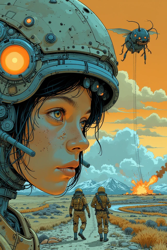 high resolution, masterpiece, highest quality, ultra detailed, (detailed eyes), (detailed face), sci-fi world in the style of the movie Starship Troopers, scene of the fight between space marines and gigantic monster bugs, futuristic weapons, explosions, there is also a woman among the marines,  bodies (furious: 1.2)