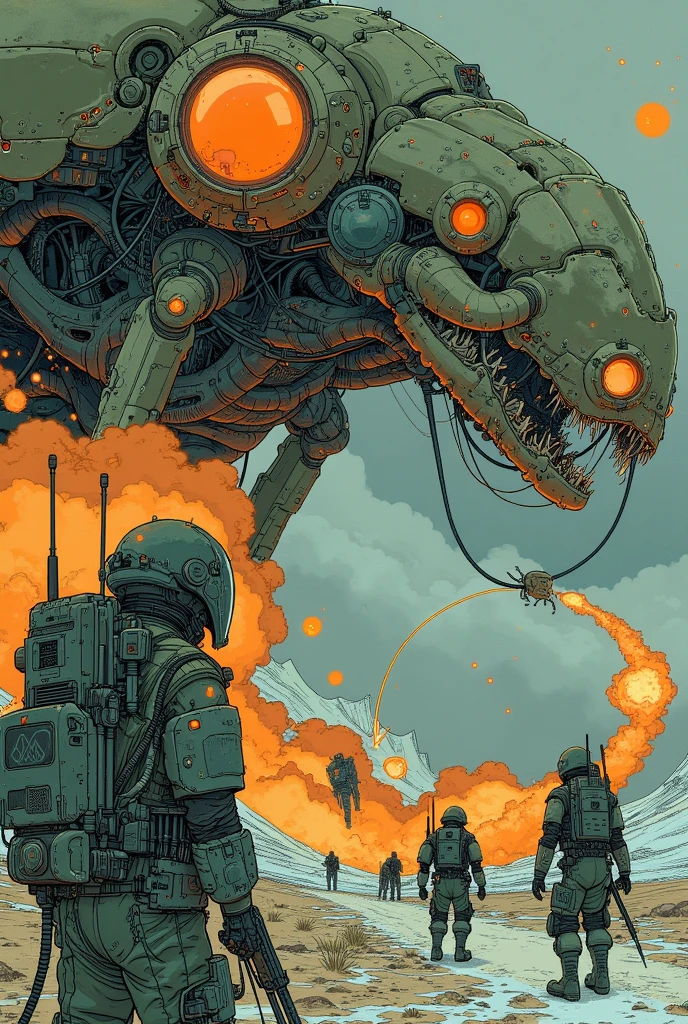 high resolution, masterpiece, highest quality, ultra detailed, (detailed eyes), (detailed face), sci-fi world in the style of the movie Starship Troopers, scene of the fight between space marines and gigantic monster bugs, futuristic weapons, explosions, there is also a woman among the marines,  bodies (furious: 1.2)