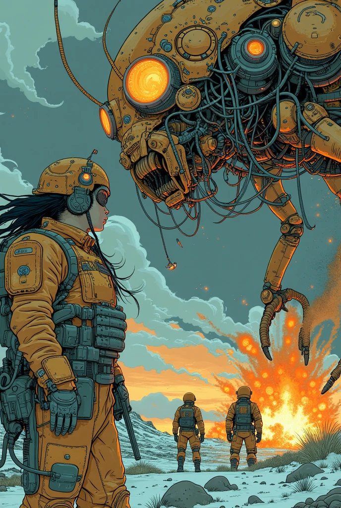 high resolution, masterpiece, highest quality, ultra detailed, (detailed eyes), (detailed face), sci-fi world in the style of the movie Starship Troopers, scene of the fight between space marines and gigantic monster bugs, futuristic weapons, explosions, there is also a woman among the marines,  bodies (furious: 1.2)