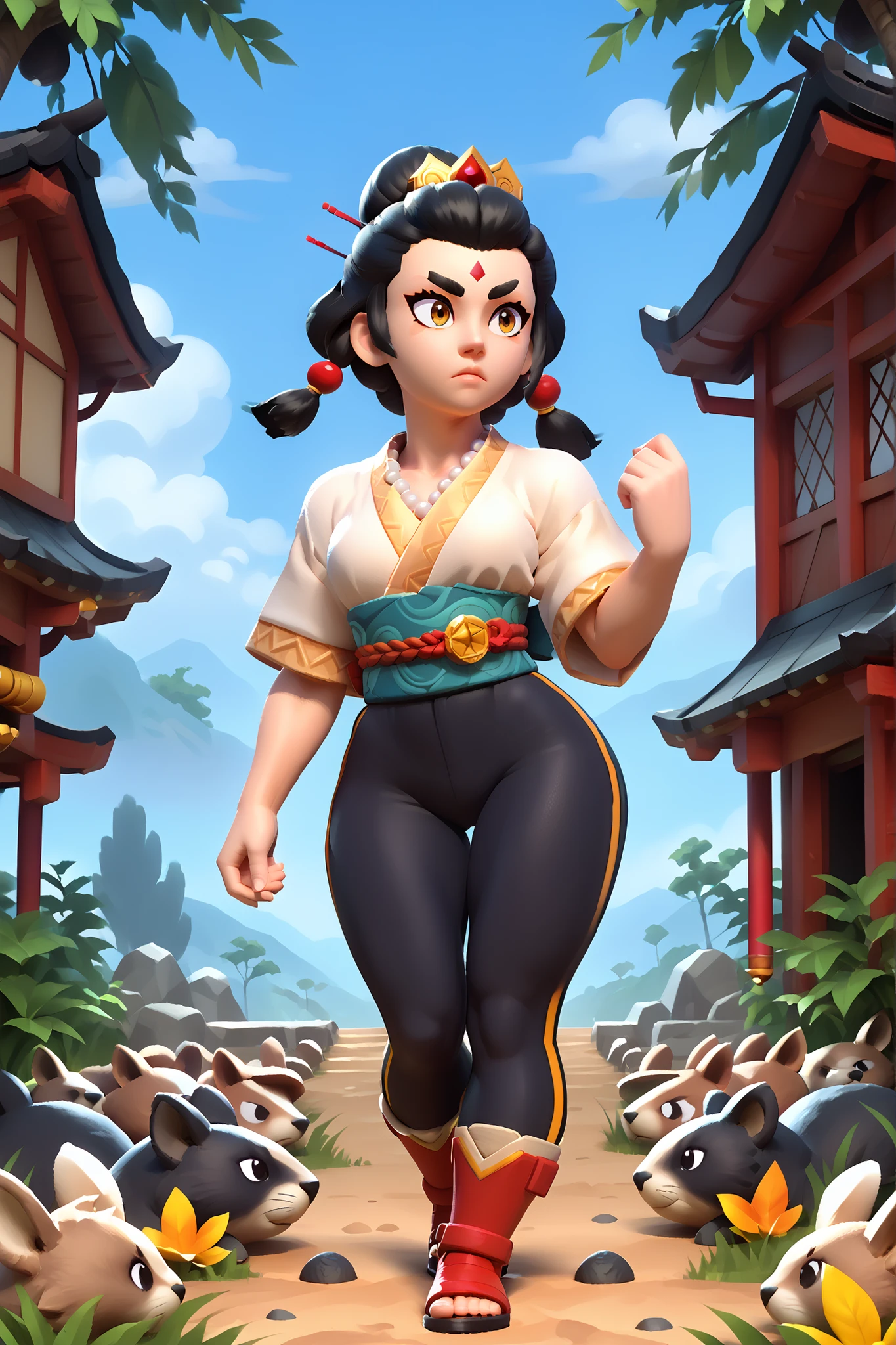 Stylized fighting girl, com visual inspirado em Ryu de Street Fighter, wearing a short white kimono and tight with red details, combined with short black leg pants. curvy athletic body, com pernas firmes, wide hips in contrast with a thin waist, firm breasts well defined under the fabric. She displays a cheerful and confident expression. straight black hair shines like pearls in sunlight, with a fringe covering part of the forehead and thick eyebrows marking your presence. The body posture is one of combat, with slightly arched back and lower back, accentuating her physical shape and readiness. Background with a Japanese rural road, surrounded by rice paddies and mountains in the distance, sparse trees and clear sky, conveying tranquility and strength. Soft and natural lighting highlighting the contours and radiance of the skin, Energetic and inspiring atmosphere.