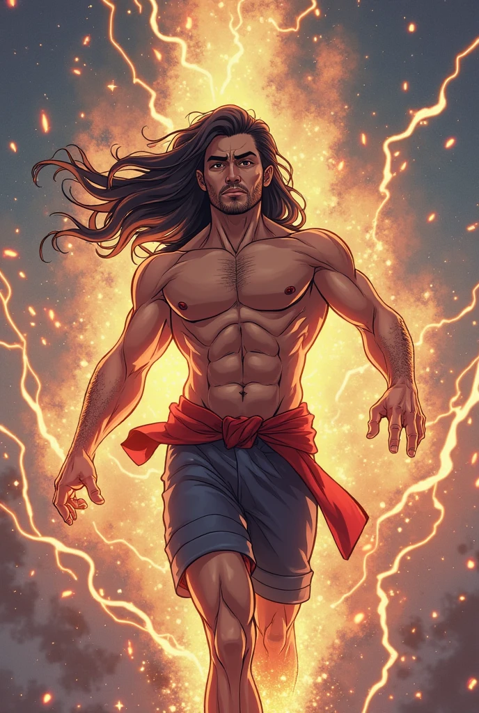 
Realistic Digital Art Style -- Strong Man -- Young Adult 2 -- No Shirt -- Aura of Strength, charisma and confidence -- beautiful smile, smiling, smiling -- Pretty Face -- Light Blue Eyes -- Long Wavy Brown Hair, your hair reaches the nape of your neck -- barba curta -- Calça Samurai preta -- Faixa Vermelha amarrado na cintura -- Bandagens Vermelhas nos punhos -- Pose de herói e superioridade -- Katana na cintura -- Colar de prata, red stone pendant, Background scenery is a beautiful plain with sun, Trees, waterfall and the blue sky, extremely detaild, soft ambient lighting, 4K, perfects eyes, a perfect face, perfect lighting, the 1 girl)), context: The man is confident and smiling happily, light blue eye, he is a 28 year old young adult, your hair reaches the nape of your neck, strong and determined, is alone in this environment, He is smiling. detaileds: The sun is shining brightly, waves are gently lapping in the background, and birds are flying in the clear blue sky. ))