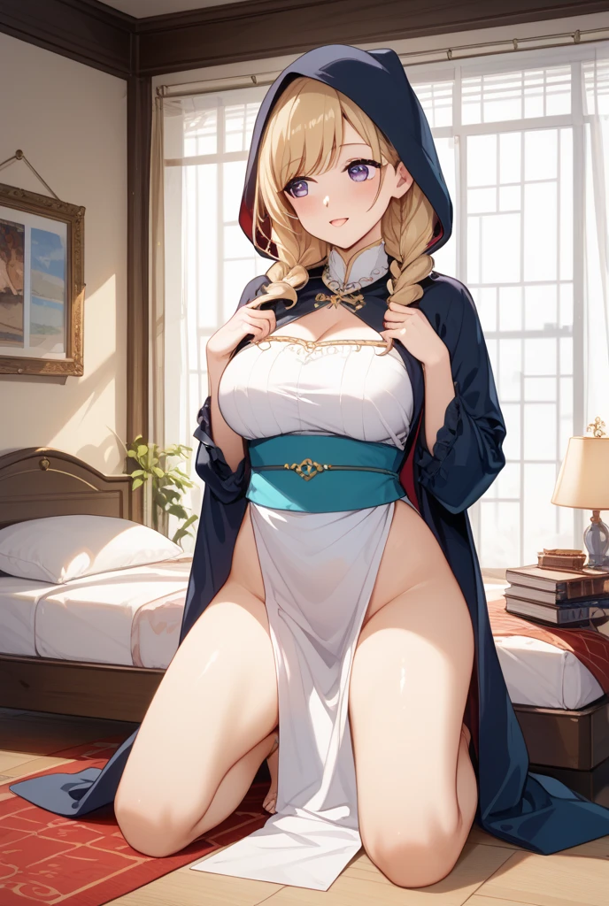 (high quality, fantasy, anime illustration, vibrant colors, soft lighting), a woman wearing a headscarf (vividly colored silk headscarf) and pvc lingerie (black, glossy material) is shown kneeling on a luxurious rug (rich, red velvet) in a palace hall. The woman has perfect proportions, with a slender and curvaceous figure. She has big breasts, emphasized by the tight-fitting lingerie, and her beautiful, shining eyes are the focal point of the artwork. Her eyes are detailed and filled with life, capturing the viewer's attention. Her face is blushed with a natural, healthy glow, and she has a warm, inviting smile on her lips. The composition of the artwork is a Cowboy Shot, with the woman positioned prominently in the center of the frame, creating a sense of intimacy and connection with the viewer.