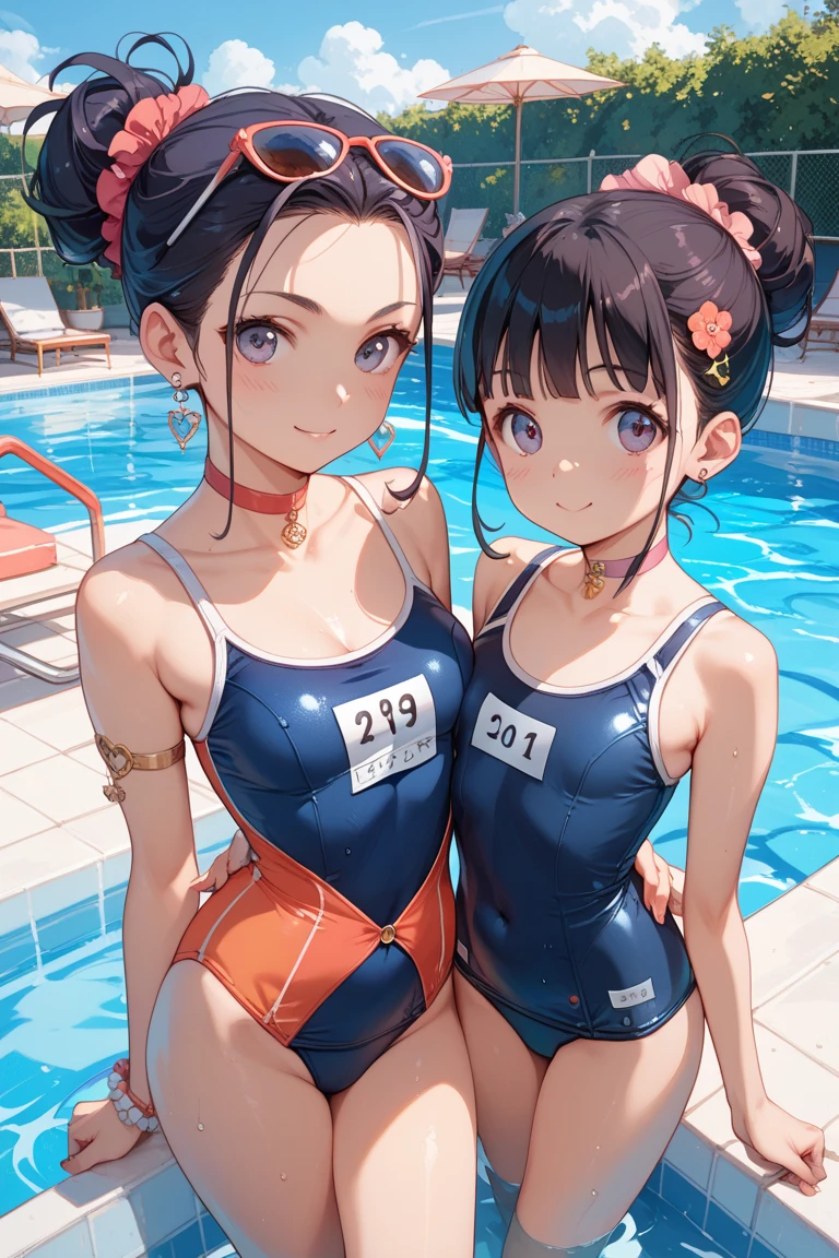 masutepiece,1 girl in、(Colossal tits:1.5)、The upper part of the body、(realisitic:1.7)、((top-quality))、(超A high resolution)、(Photorealsitic:1.6)、Photorealsitic、octane renderings、(hyper realisitic:1.2)、(photorealiscic face:1.2)、(8K)、(4K)、(masterpiece)、(realistic skin textures)、(illustratio、电影灯光)、(Brown eyes)、(beautidful eyes:1.2)、((((face perfect))))、(Ahegao:1.5)、sticking out the tongue、red blush、full of shyness、(cute little)、(Braids on both sides)、Raising both arms、sexy pose、Spread your legs apart、Opening legs,erotick,Dynamism,School swim wear,School swimsuit is black, show through,real looking skin、 25 Meter Pool, in poolside