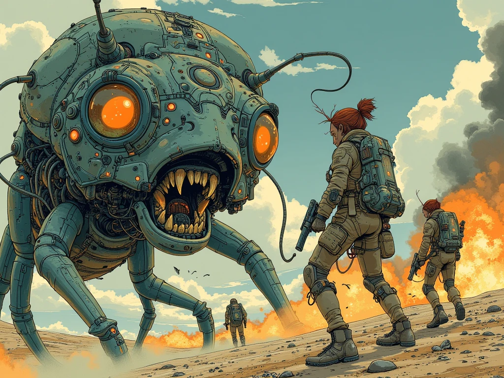 high resolution, masterpiece, highest quality, ultra detailed, (detailed eyes), (detailed face), sci-fi world in the style of the movie Starship Troopers, scene of the fight between space marines and gigantic monster bugs, futuristic weapons, explosions, there is also a woman among the marines,  bodies (furious: 1.2)