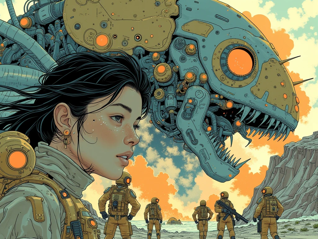 high resolution, masterpiece, highest quality, ultra detailed, (detailed eyes), (detailed face), sci-fi world in the style of the movie Starship Troopers, scene of the fight between space marines and gigantic monster bugs, futuristic weapons, explosions, there is also a woman among the marines,  bodies (furious: 1.2)