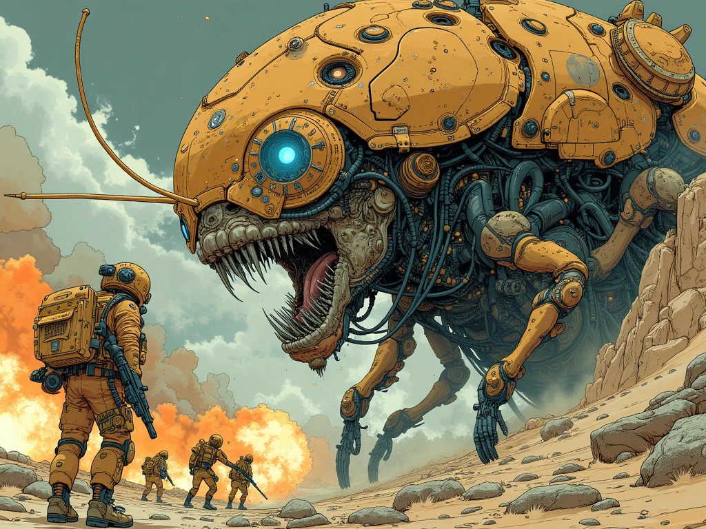high resolution, masterpiece, highest quality, ultra detailed, (detailed eyes), (detailed face), sci-fi world in the style of the movie Starship Troopers, scene of the fight between space marines and gigantic monster bugs, futuristic weapons, explosions, there is also a woman among the marines,  bodies (furious: 1.2)