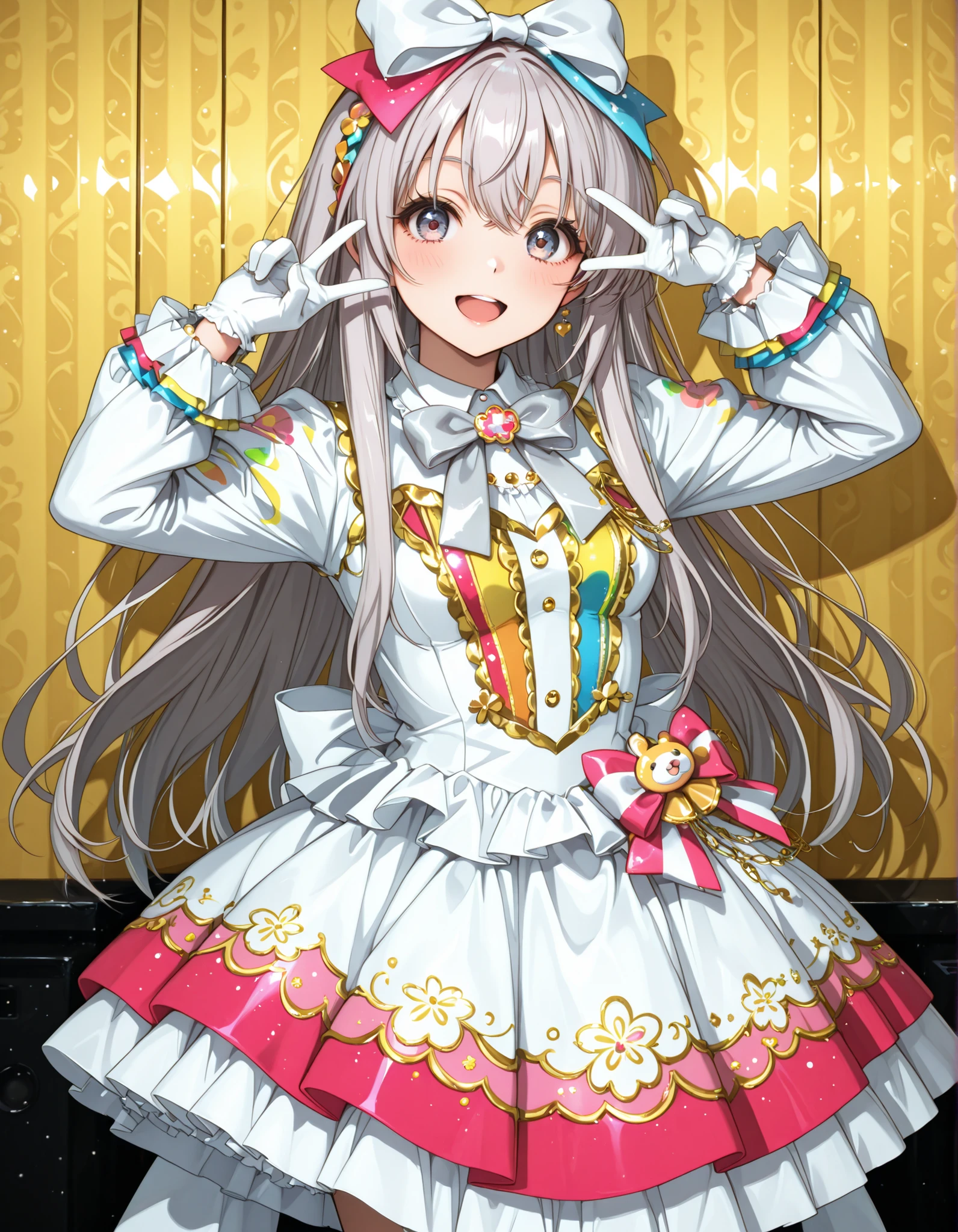 cute idol in a colorful costume, colorful mini dress,Long sleeve bolero , pink gray hair,very large and voluminous bow tie,white lolita gloves,Look over here and laugh ,cute dynamic Bose,speaks to viewers,with a big ribbon on the head,colorful stages
