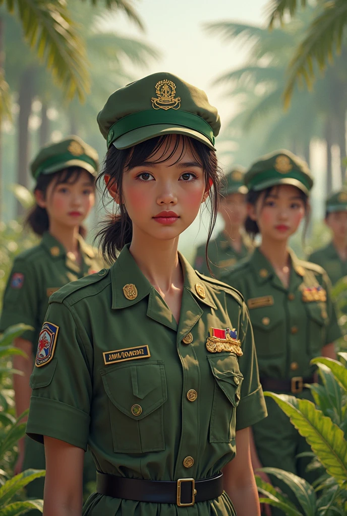 masterpiece,ultra realistic,32k,extremely detailed CG unity 8k wallpaper, best quality, (1 girl, looking at viewer, cowboy shot:1.4), <lora:MuCoiv18:0.8>, MuCoi, vietnamese, pith, helmet, (green headwear:1.2), (war:1.3), wide shot