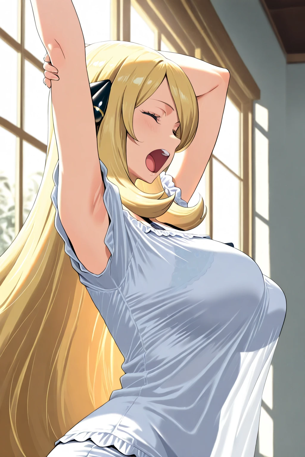 1girl, negligee, hands on own chest, large breasts, beatrix amerhauser, long hair, blue eyes, blonde hair, gloves, ponytail,
masterpiece, best quality, highly detailed