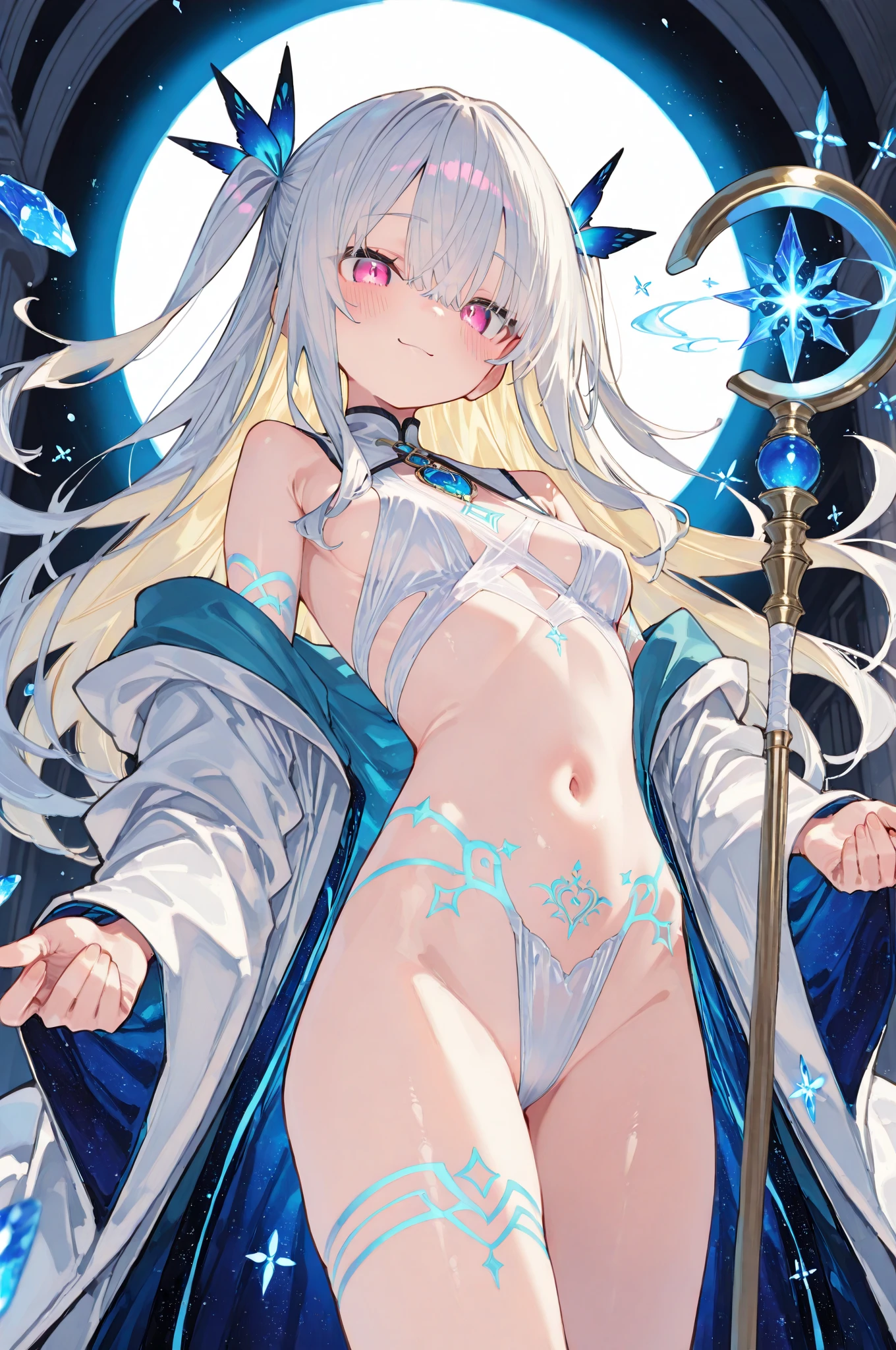眼下に深夜の東京の夜景を一望できる高層ビルの屋上でMasturbationをするMasturbationしているnakedの少女、She has a short bob with a white lob of hair and wears a large black witch hat with sapphire jewelry.、A few star creams、Beautiful starry sky、Beautiful night view、large witch's hat 、Small breasts、Small breasts、全naked、naked、Masturbation、Masturbation、She has pubic hair、She has hair in her crotch
