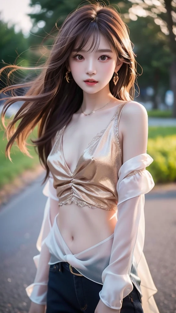 8K, masterpiece, RAW Photos, Best Quality, detailed:1.2),Realistic, Highly detailed 8K integrated CG wallpaper, Depth of written boundary, Cinematic Light, Lens flare, Ray Tracing, (Very beautiful face, Beautiful Lips, Beautiful Eyes), Intricate detailed face, ((Ultra-dense skin)) One girl, In the Dark, Deep Shadow, pretty girl, K-Pop Idols,(very toned and muscular body:1.3), ((View the viewer)),(Big smile), (Gold thong panties:1.8、Semi-transparent silk short off-the-shoulder blouse:1.8), (Exposed panties:1.8), , (Subway station background), Cute Korean Girl, Earrings, bracelet, Bright Eyes, walking, Look forward, (Big eyes), ((A shot focusing on the groin:1.5), Browsing Caution, Long, fully grown eyelashes:1.8,Light brown hair color:1.8,Shallow panties above the crotch:1.8,