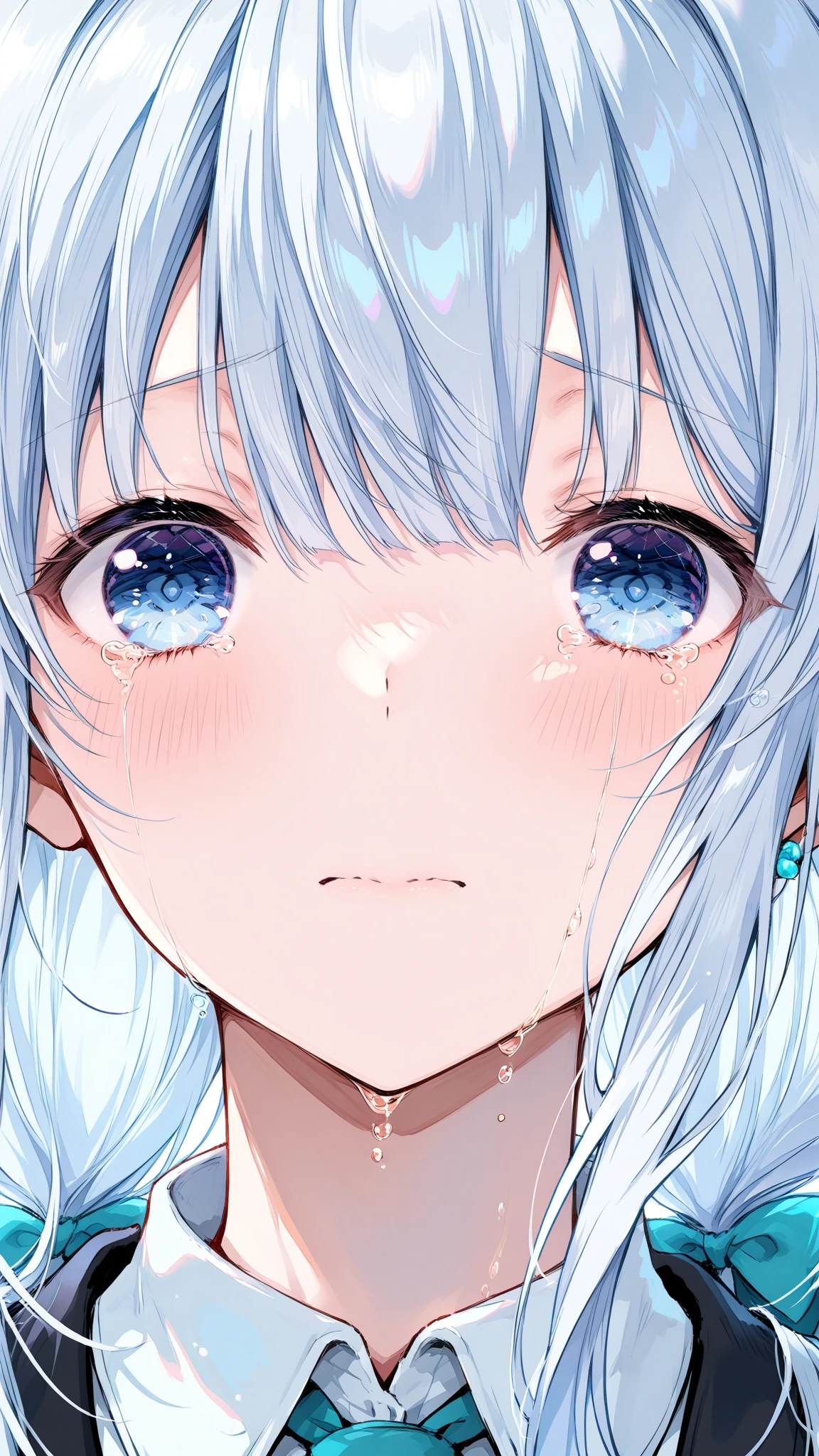 Resolution full, from below, close eyes, detailed closed eyes,  very accurate, best quality, masterpiece,  cinematic lighting, full HD, very sharpener, best art, very accurate,  beautiful girl, pretty girl, cute girl, medium breast, (grey hair), long hair, Braid hair, ahoge hair, straight hair, straight hair bangs, beautiful hair and bangs hair, grey hair, hair clip, hair ribbon, slim body, nude, girl Tears, crying, girl full of wound, dirty girl, close eyes, glowing blue tattoo at girl face, floating hair, at wasteland, dark theme, floating particle, dark matter, yellow aura, focus at girl face, close eyes, focus at front girl, from front girl, glowing blue particle