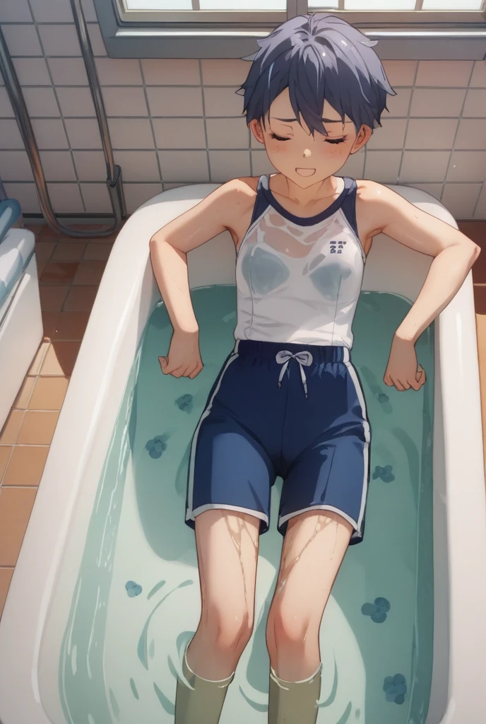 1 boy, bathing, 13 years old, cute, handsome, slim, flat chest, thin thigh, solo, beautiful